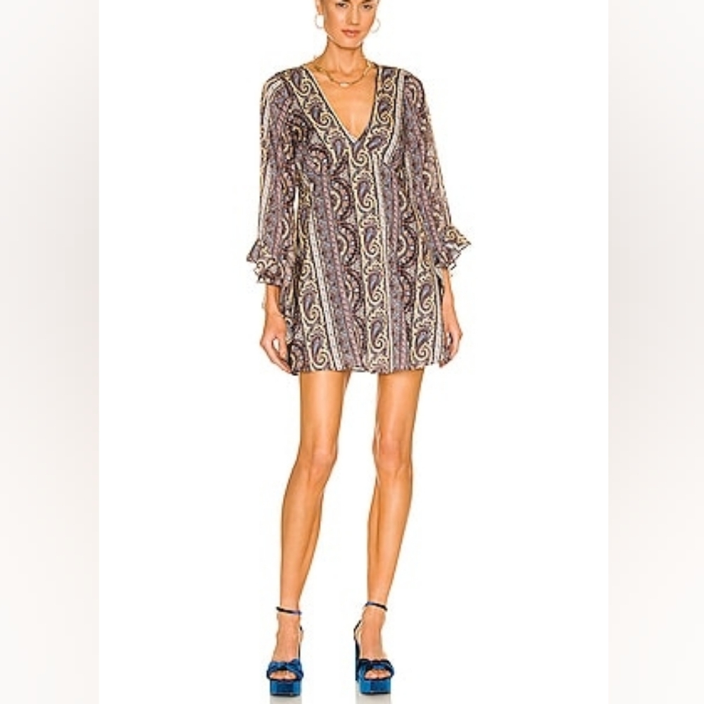 House of Harlow 1960 Paisley Long Flutter Sleeve Mini Dress Boho